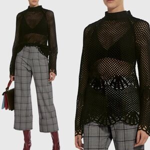 SELF-PORTRAIT Sheer Crochet Lace High Neck Black Sweater Top